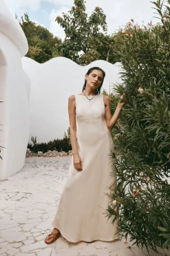 Art Of Bloom Linen Bias Cut Maxi Dress Cream