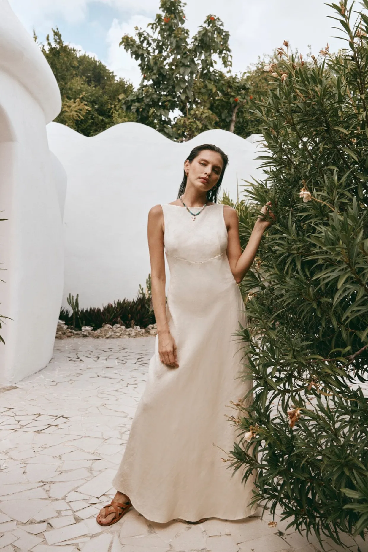 Art Of Bloom Linen Bias Cut Maxi Dress Cream