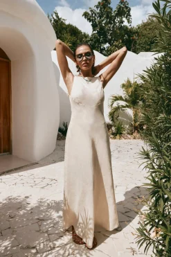 Art Of Bloom Linen Bias Cut Maxi Dress Cream
