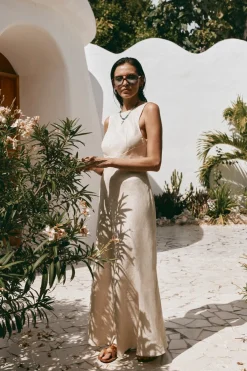 Art Of Bloom Linen Bias Cut Maxi Dress Cream