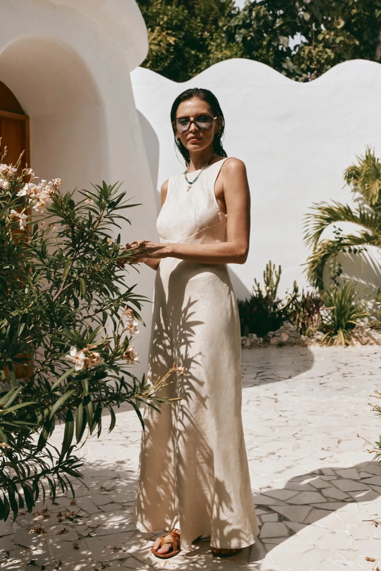Art Of Bloom Linen Bias Cut Maxi Dress Cream