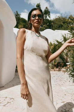 Art Of Bloom Linen Bias Cut Maxi Dress Cream