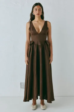 Daphne Linen Midi Dress Chocolate