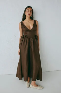 Daphne Linen Midi Dress Chocolate