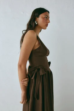 Daphne Linen Midi Dress Chocolate