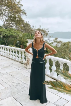 Ena Linen Bias Cut Maxi Skirt Black