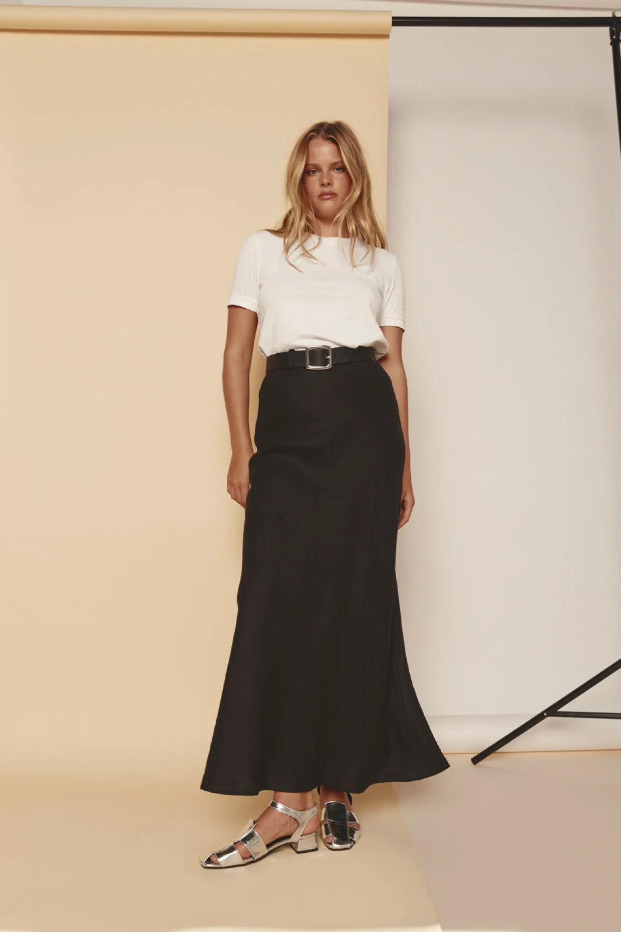 Ena Linen Bias Cut Maxi Skirt Black