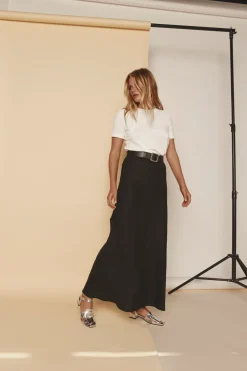 Ena Linen Bias Cut Maxi Skirt Black