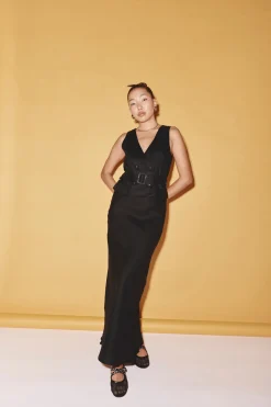 Ena Linen Bias Cut Maxi Skirt Black
