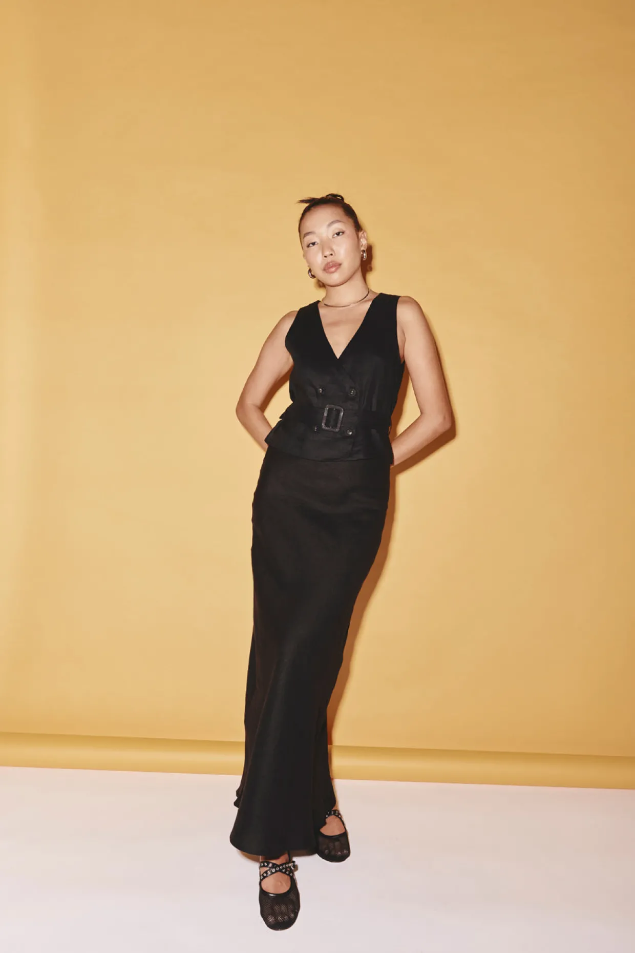 Ena Linen Bias Cut Maxi Skirt Black