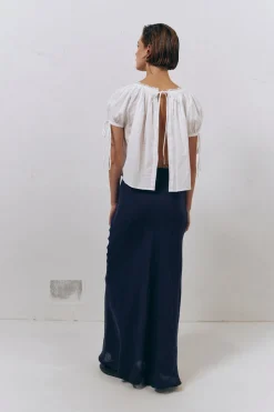 Italian Streets Linen Bias Cut Maxi Skirt Navy