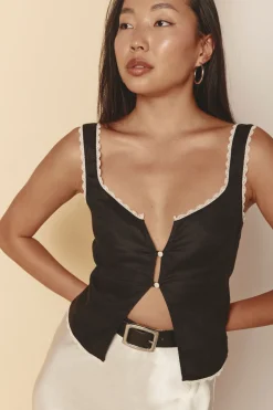 Love Language Linen Button Front Top Black