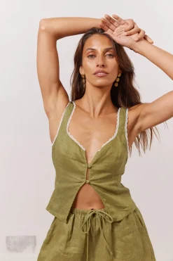 Love Language Linen Button Front Top Olive