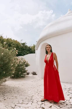 Paros Palms Linen Midi Dress Red