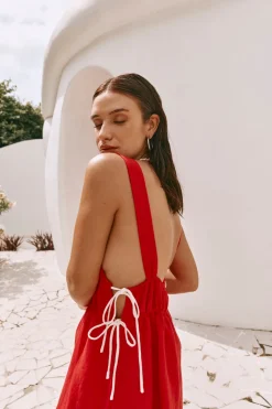 Paros Palms Linen Midi Dress Red