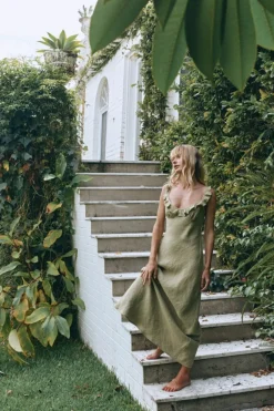 Rosalia Linen Bias Cut Maxi Dress Olive
