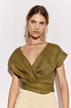 Sea Glass Linen Wrap Top Olive