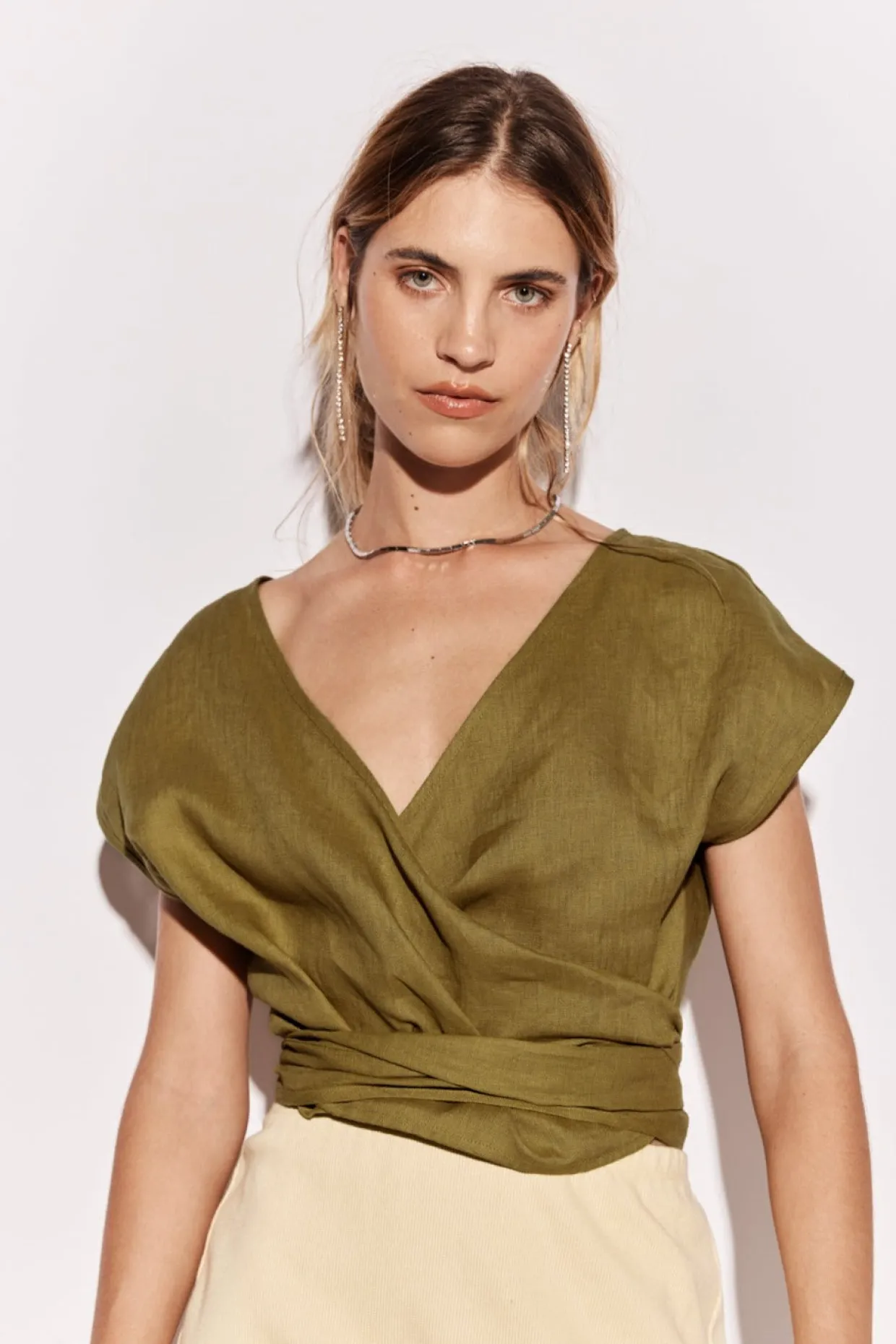 Sea Glass Linen Wrap Top Olive