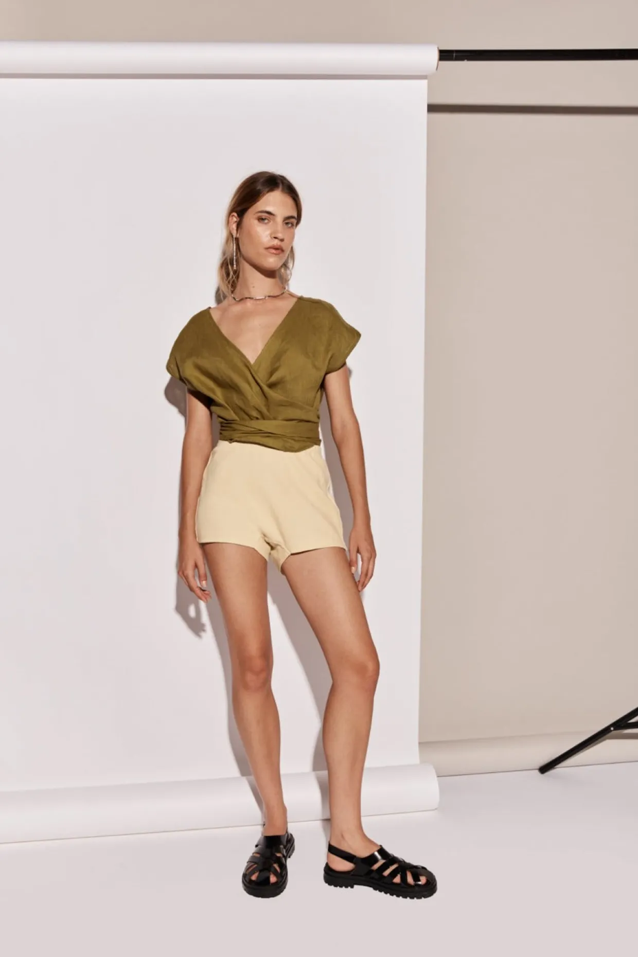 Sea Glass Linen Wrap Top Olive