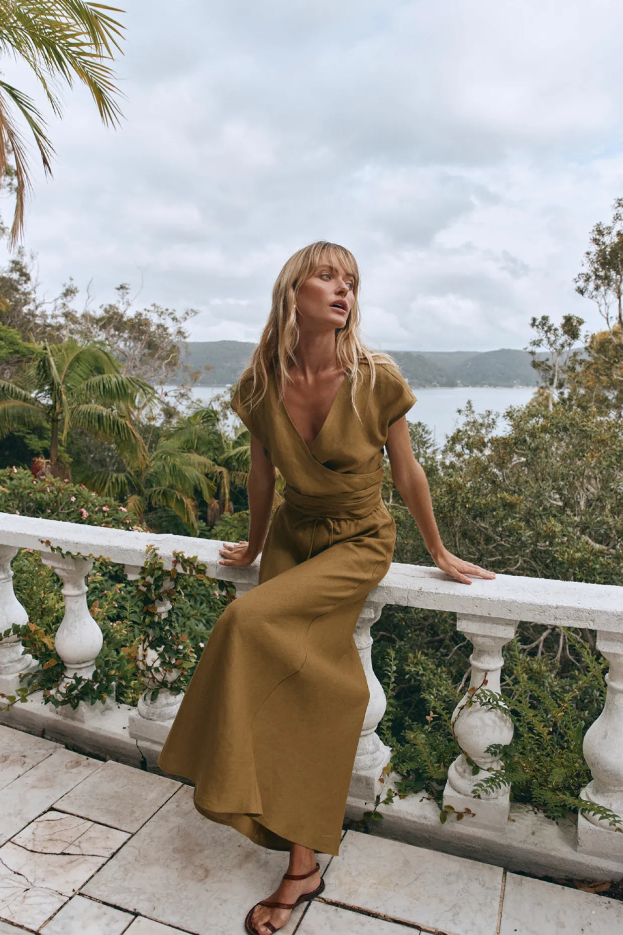 Sea Glass Linen Wrap Top Olive