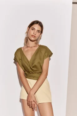 Sea Glass Linen Wrap Top Olive
