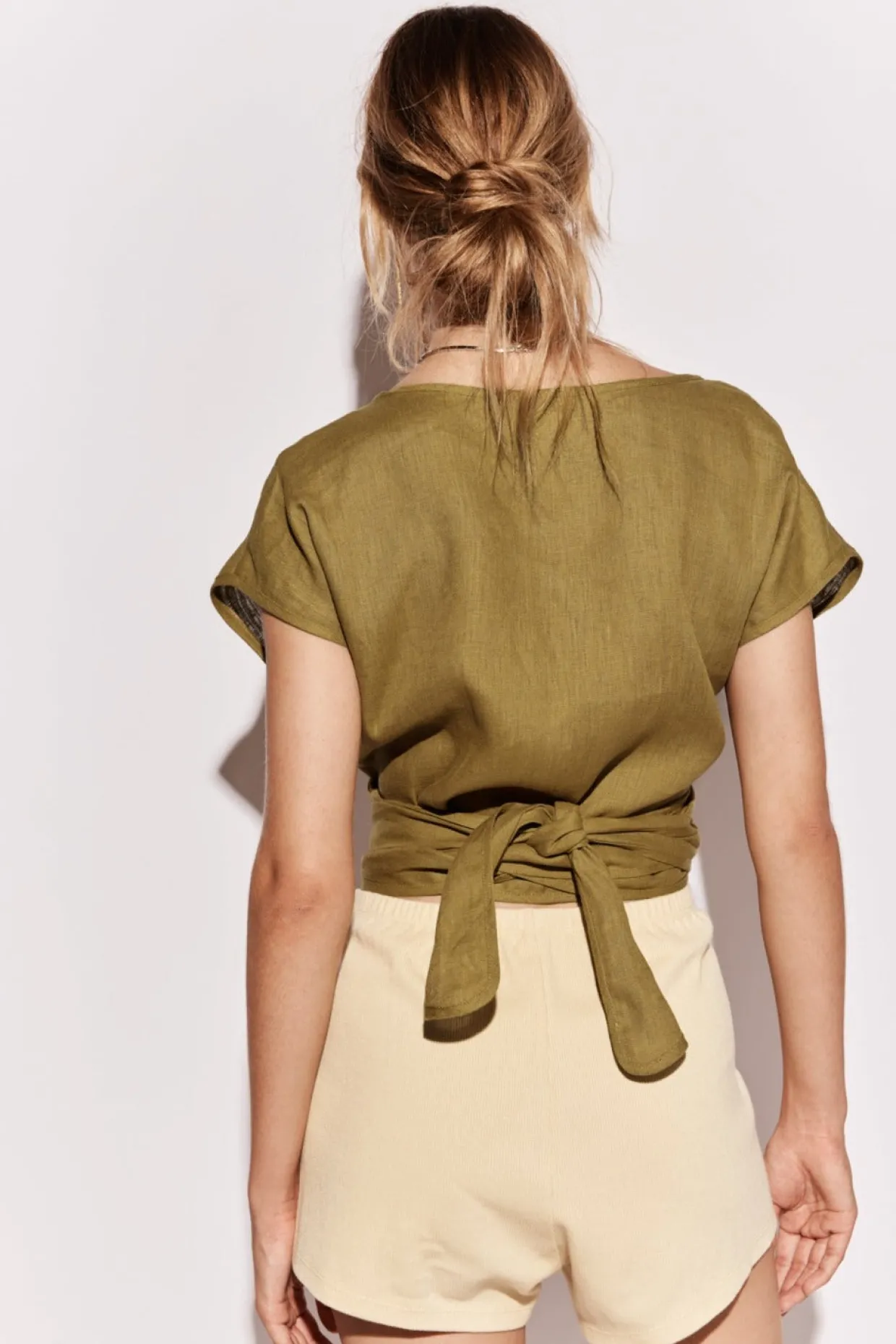Sea Glass Linen Wrap Top Olive